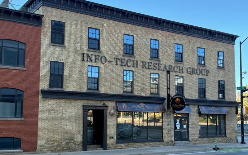 Infotech's London offices at the corner of Ridout and King streets are shown on Oct. 18, 2026.