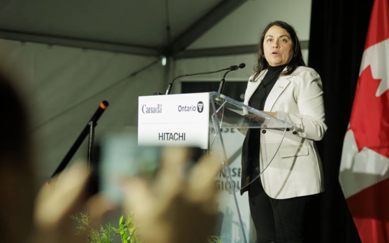 Carla Vicente of Hitachi Energy Canada speaks during an announcement of the company's $479-million transformer insulation factory in London on Friday, Oct. 16, 2026. (Geoff Robins/The London Free Press)