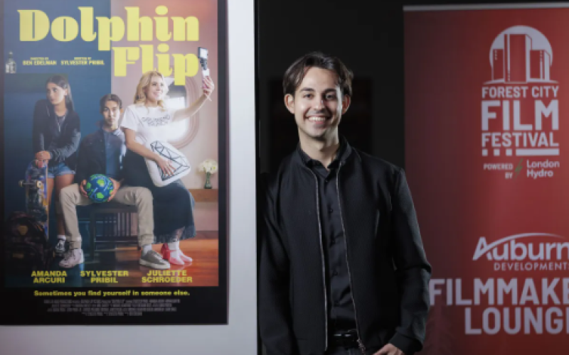 Sylvester Pribil, writer, producer and star of the film Dolphin Flip, poses for a photo at the Wolf Performance Hall in London on Wednesday, Oct. 21, 2026. (Geoff Robins/The London Free Press)