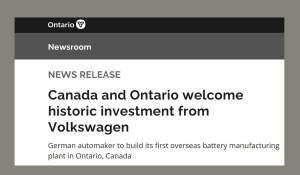 Canada and Ontario welcome historic investment from Volkswagen
